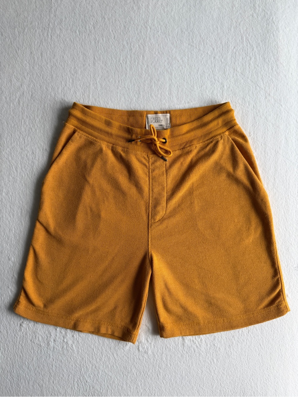 Free Planet Waffle Knit Drawstring Shorts Mens Mustard Yellow Small